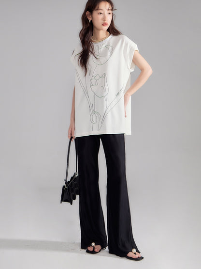 Oversize Embroidery Tulip Retro T-Shirt