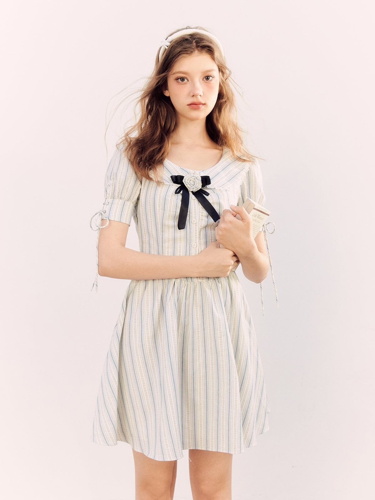 Stripe Puff-Sleeve Frill Flare One-Piece