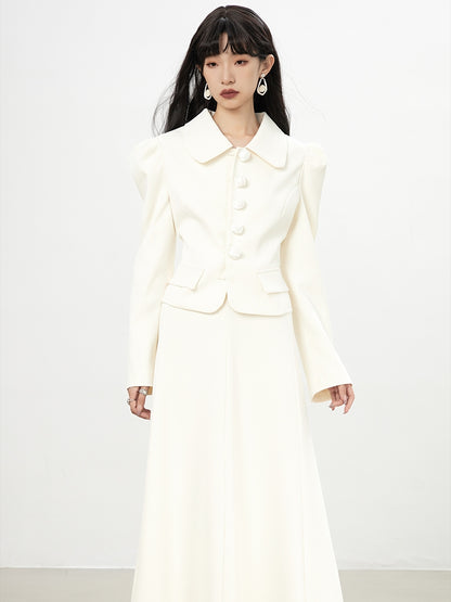 Power-Shoulder Big-Button Suit Plain Jacket＆Long-Skirt