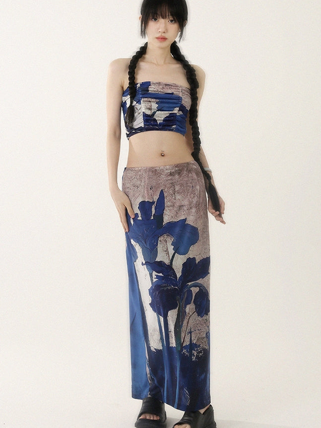 Bare-Top&amp;Long-Skirt Flower Retro Nichi Summer Set-Up