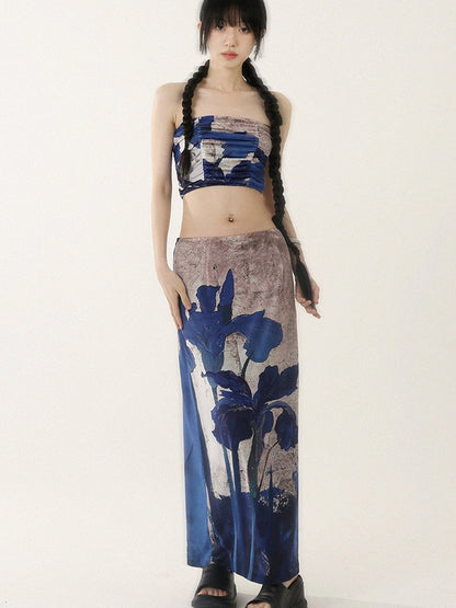 Bare-Top &amp; Long Skirt Flower Retro Nichi Summer Sett-op