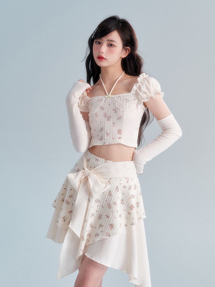 Glove Flower Cropped Fit Frill Ribbon asymmetry Tops &amp; Skirt