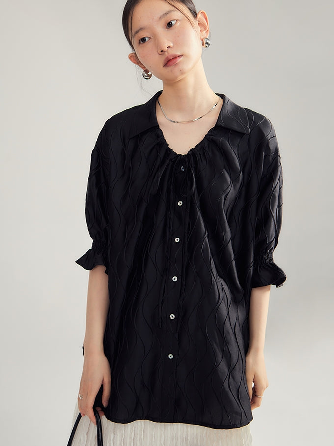 Embroidery Oversize Candy-Sleeve Wave Blouse