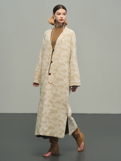 Flower Embroidery Long No-Collar Cotton Long-Coat