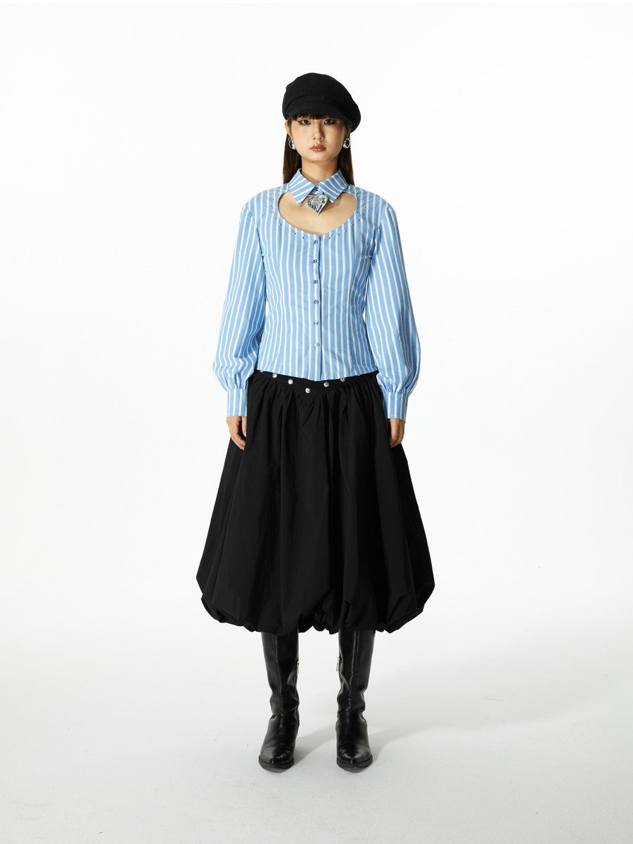 Front-Cut Stripe Balloon-Sleeve Blouse