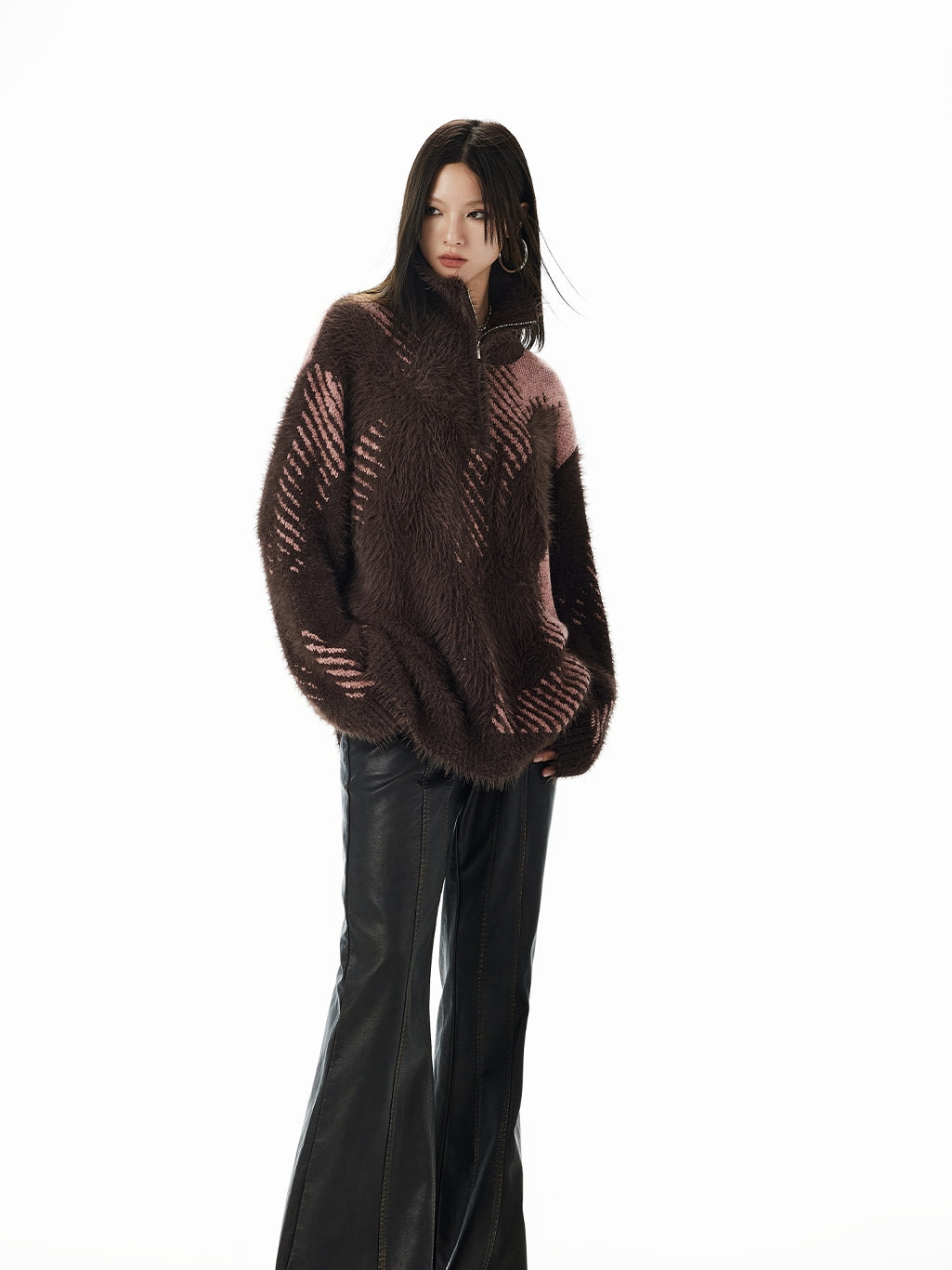 High-Neck Fluffily Half-Zip Casual Oversize Mohair-Knit