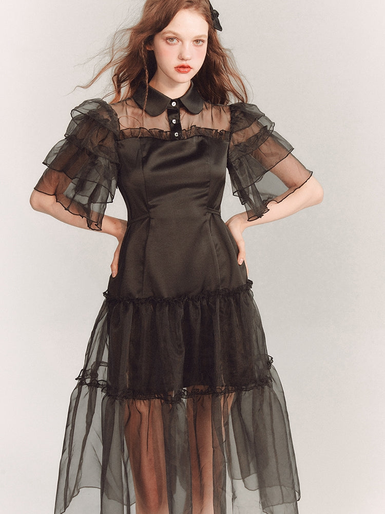 See-Through Tiererd Flare-Sleeve Frill Dress One-Piece