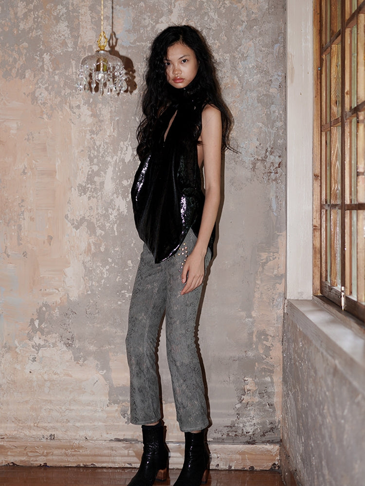 Corduroy Cropped Western Flare Studs Embroidery Pants