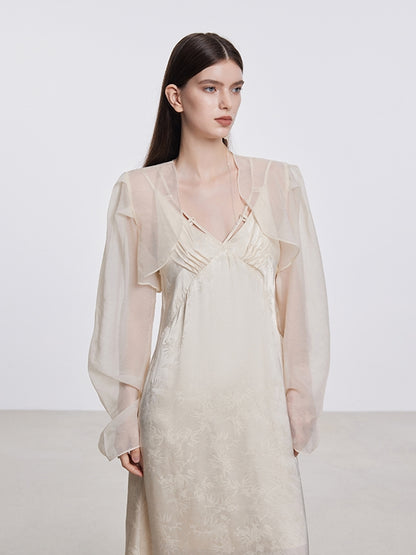 One-Piece &amp; Cardigan Embroidery Sheer Elegant Set-Up