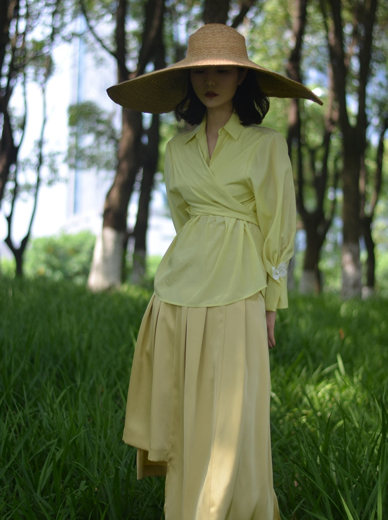 Smooth Satin Plain Simple Shirt&amp;Long-Skirt