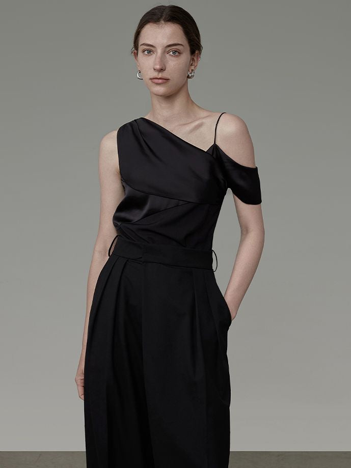 ASIMMETRY ONE-SHOULDER CIFFON DRAPE CLASSY TOPS