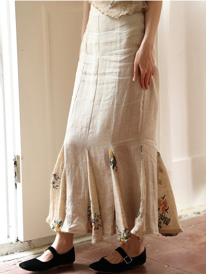 Mermaid Embroidery Flower Natural Long-Skirt