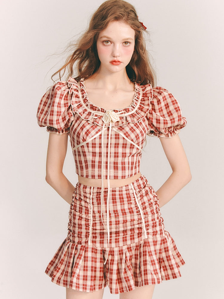 Checked Girly Puff-Sleeve Cute Blouse&amp;Mini-Skirt