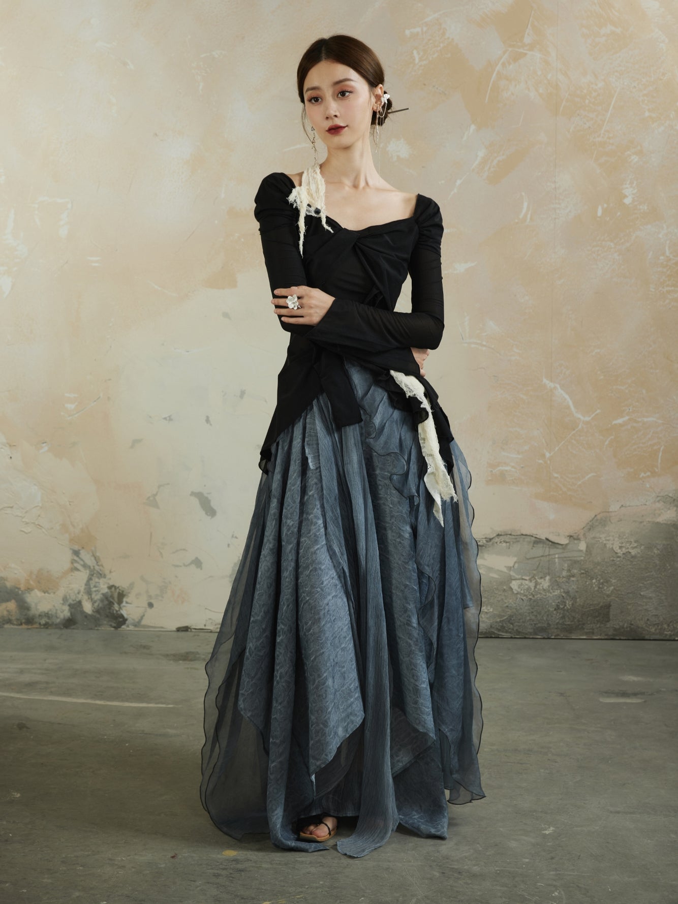 Asymmetry Romantic Ciffon Volume Flare Elegant Fluffily Long-Skirt