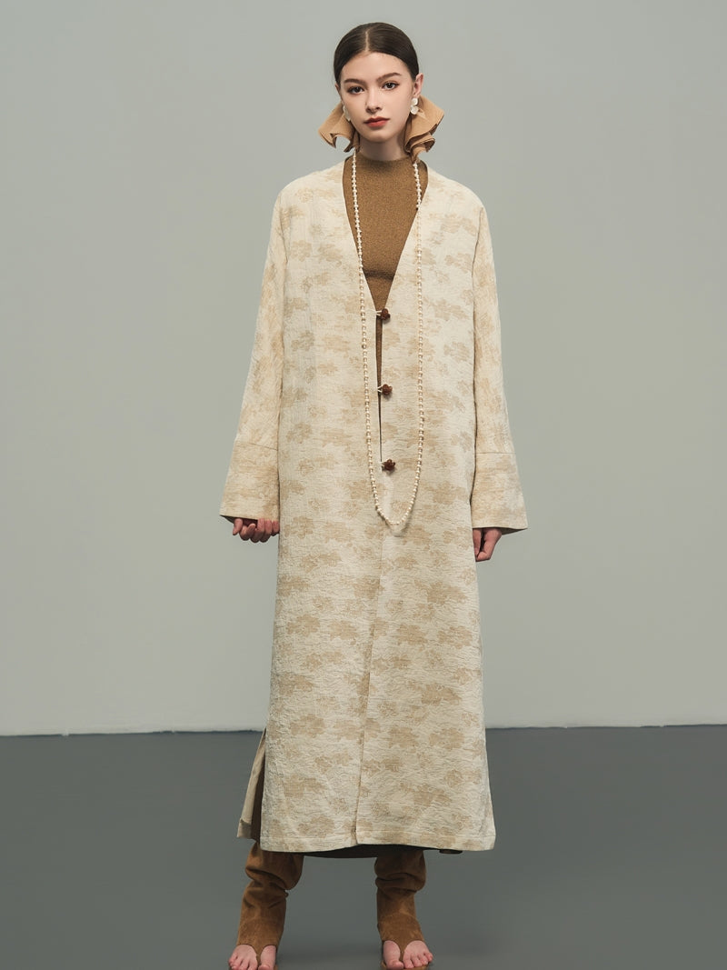 Flower Embroidery Long No-Collar Cotton Long-Coat