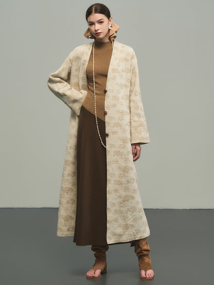 Flower Embroidery Long No-Collar Cotton Long-Coat