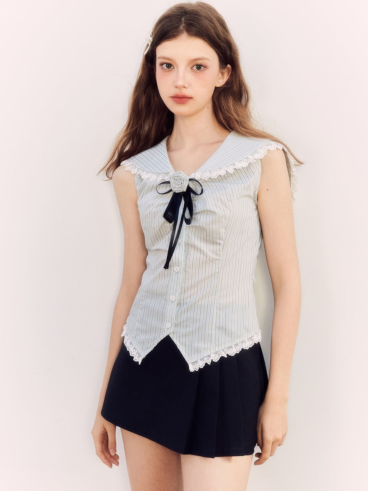 Sailor-Collar Lace Sleeveless Stripe Blouse&amp;Pants