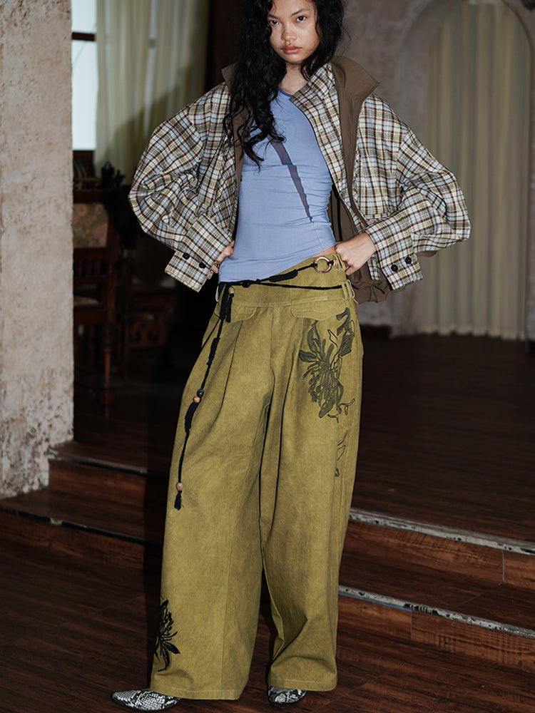 Embroidery Relax Loose Casual Retro Wide-Pants