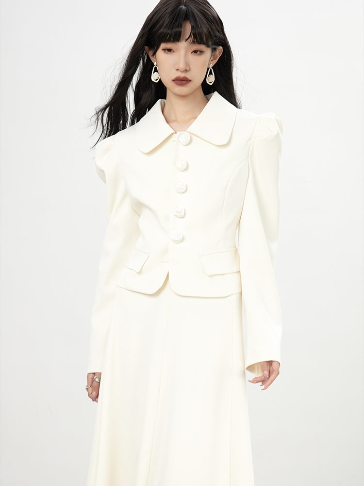 Power-Shoulder Big-Button Suit Plain Jacket＆Long-Skirt