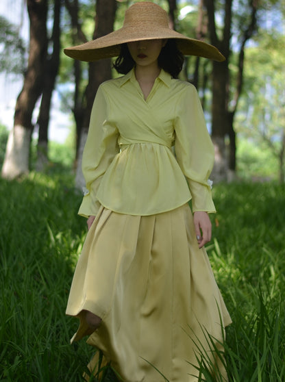 Smooth Satin Plain Simple Shirt&amp;Long-Skirt