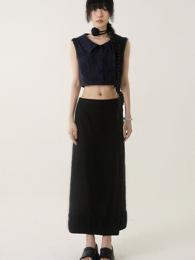 Tops&amp;Long-Skirt Sleeveless Flower Rose Retro Cropped Set-Up