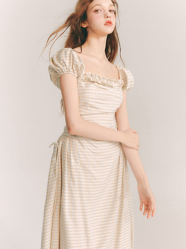 Back-Open checked Retropuff-Sleeve Long-One-Piece