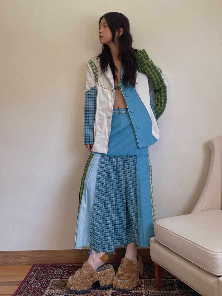 Patchwork Checked Girly Retro Long-Skirt