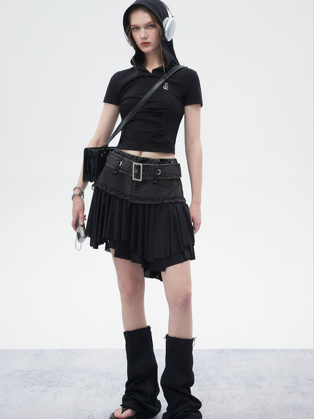 Denim Mix Pleats Belt Asymmetry Skirt