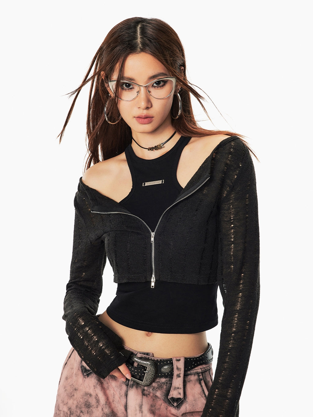 Fake-Layered Tight Zip Thin Knit Tops