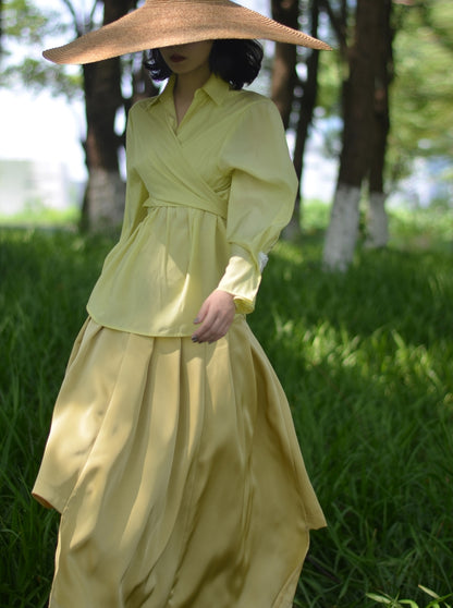 Smooth Satin Plain Simple Shirt&amp;Long-Skirt