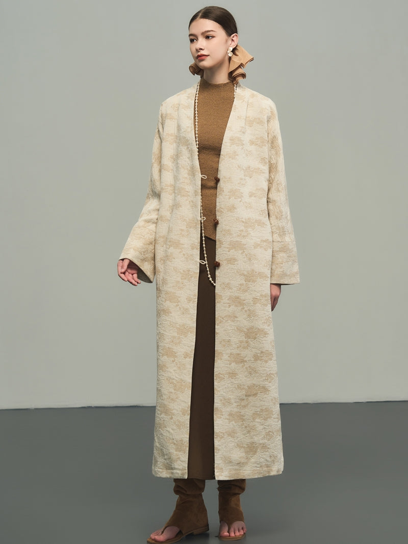 Flower Embroidery Long No-Collar Cotton Long-Coat