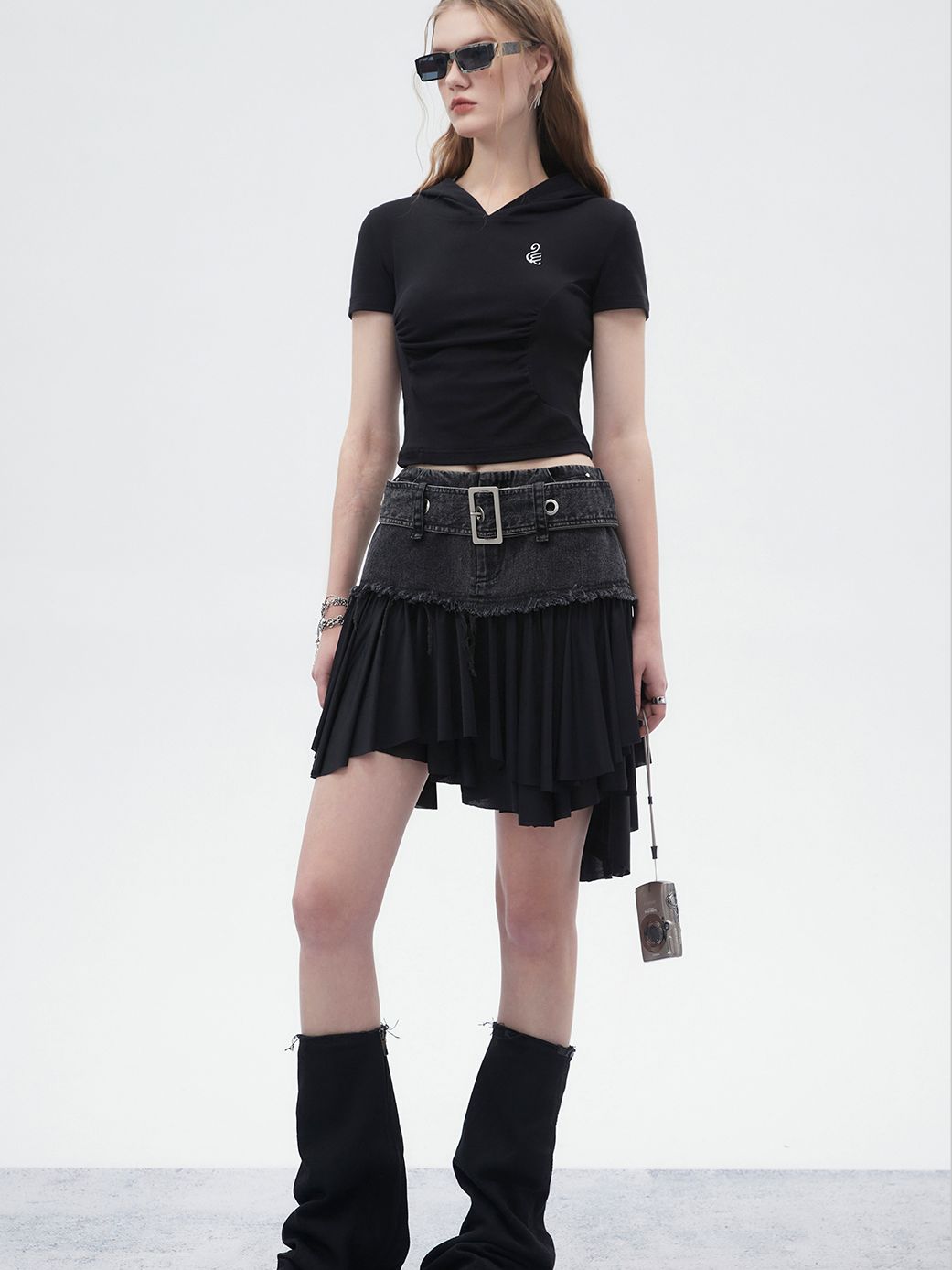 Denim Mix Pleats Belt Asymmetry Skirt