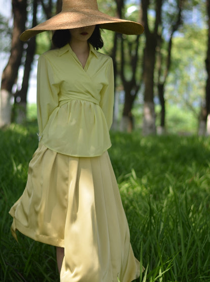 Smooth Satin Plain Simple Shirt&amp;Long-Skirt