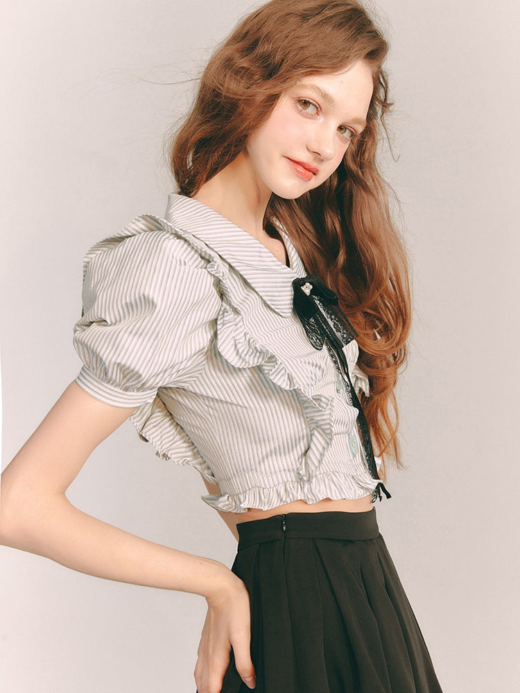 Stripe Frill Cropped Puff-Sleeve Blouse