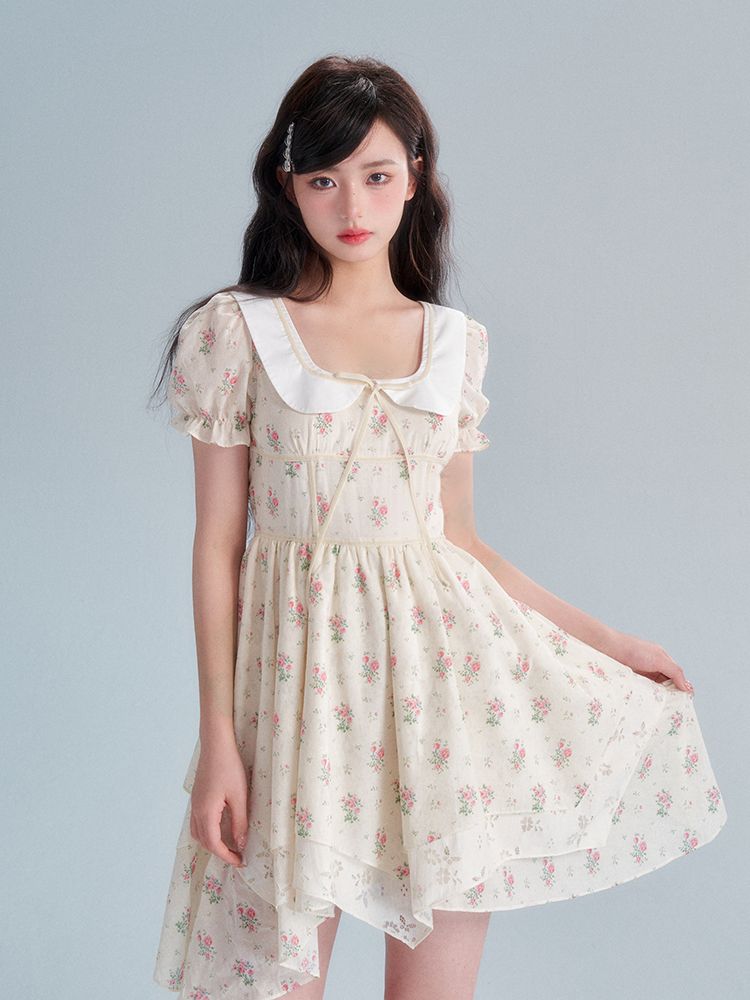 Flower Puff-Sleeve asymemtry Retro One-Piece