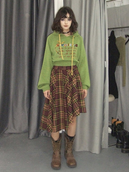 Asymmetry Checked Retro Belt Girly Flare-Skirt