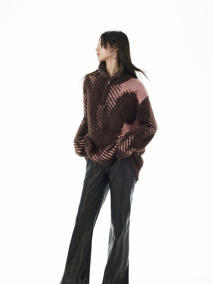 High-Neck Fluffily Half-Zip Casual Oversize Mohair-Knit