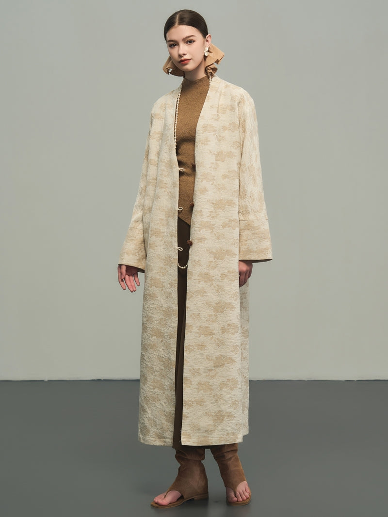 Flower Embroidery Long No-Collar Cotton Long-Coat