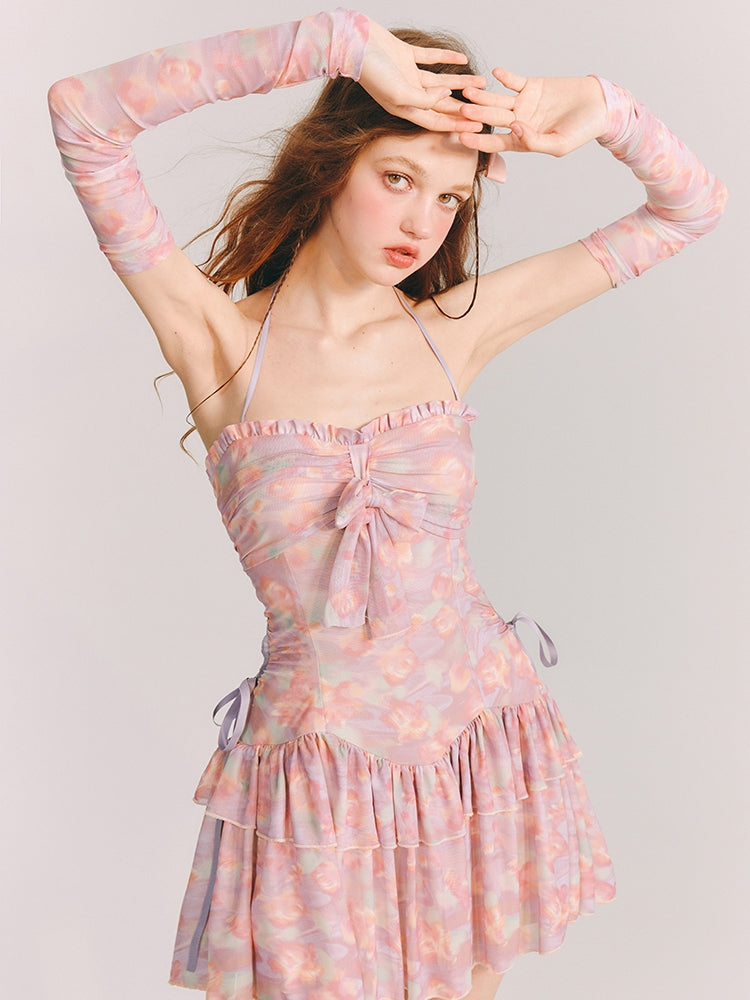 Pastel Back-Open Ribbon Tiered Floral One-Piece