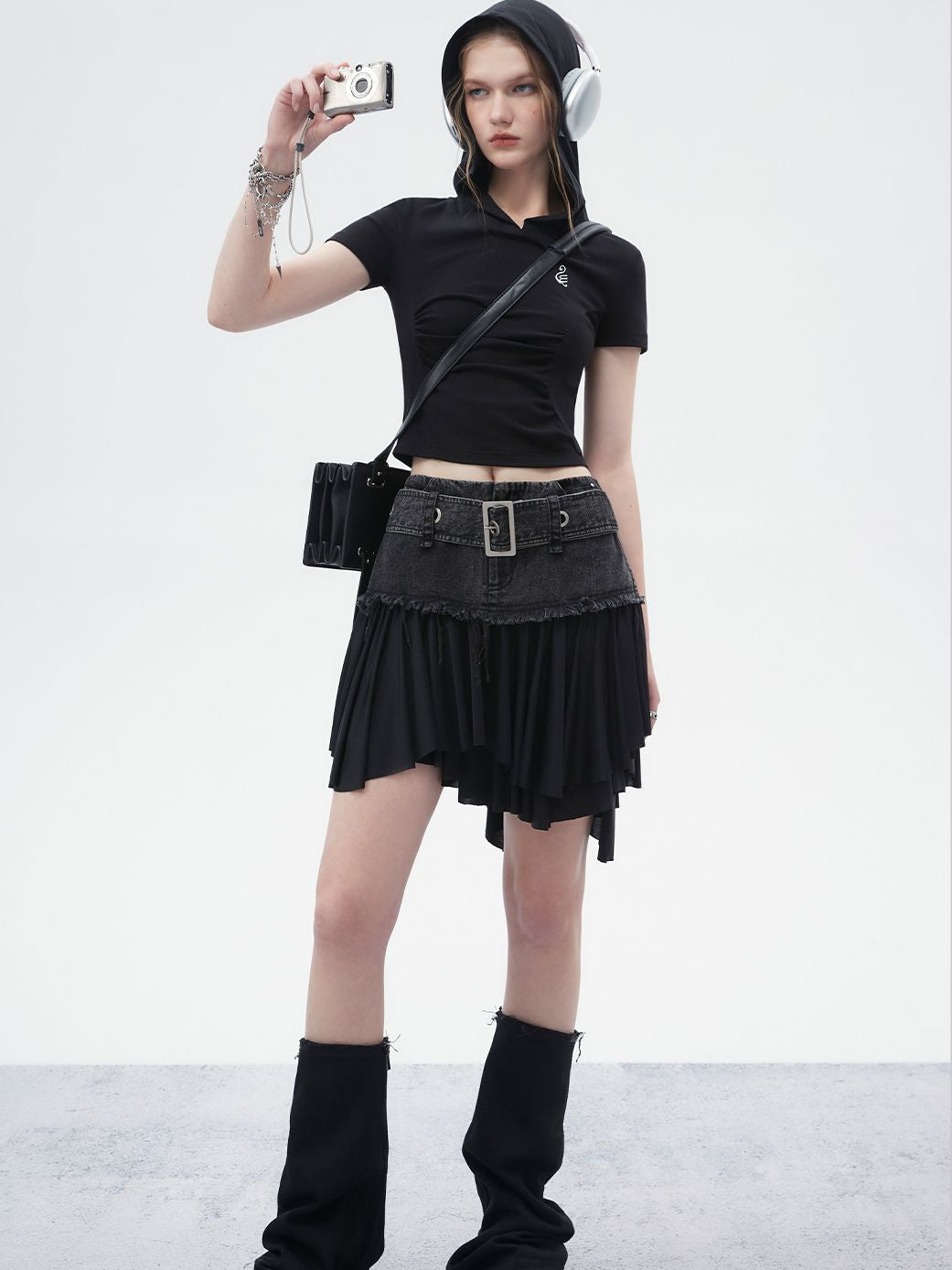 Denim Mix PLEATS BELT ASYMMETRY SKIRT