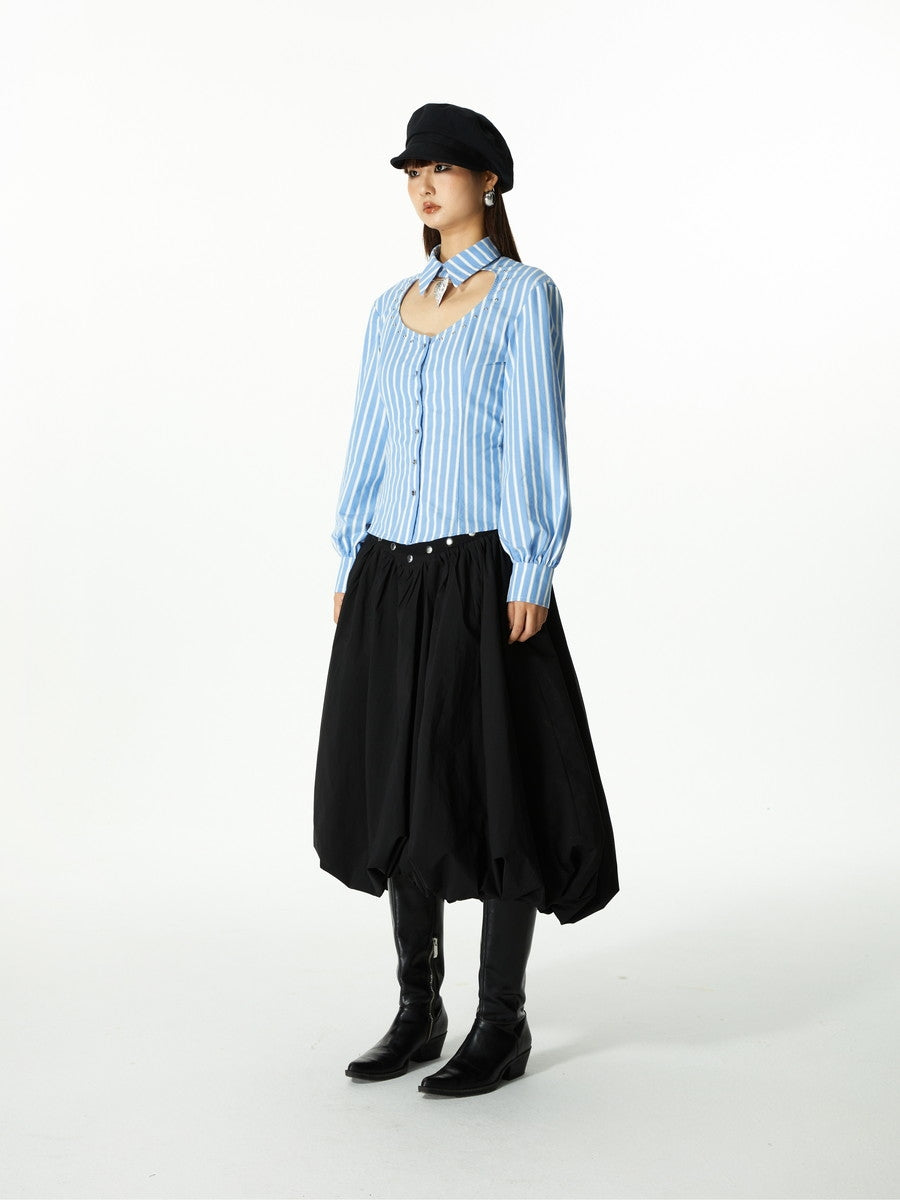 Front-Cut Stripe Balloon-Sleeve Blouse