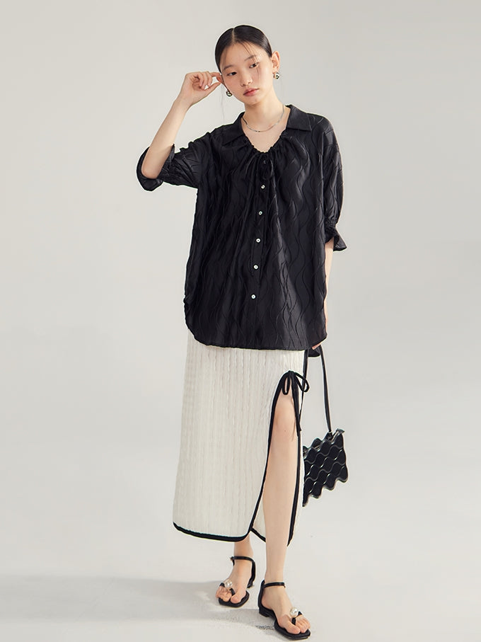 Embroidery Oversize Candy-Sleeve Wave Blouse