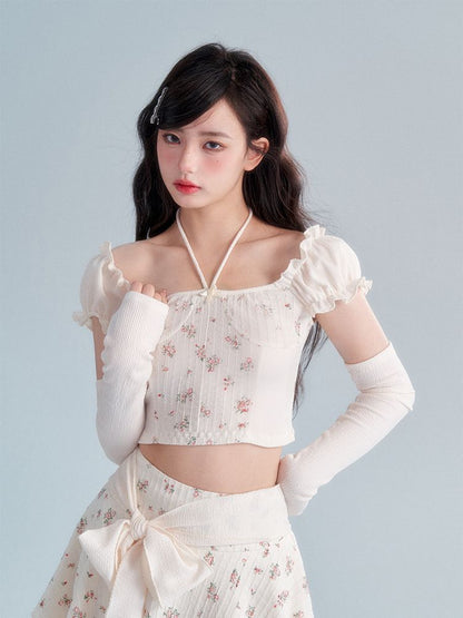 Glove Flower Cropped Fit Frill Ribbon asymmetry Tops &amp; Skirt