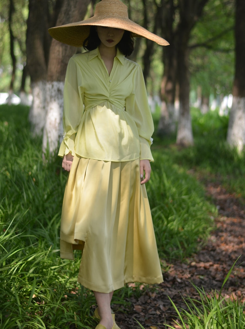 Smooth Satin Plain Simple Shirt&amp;Long-Skirt