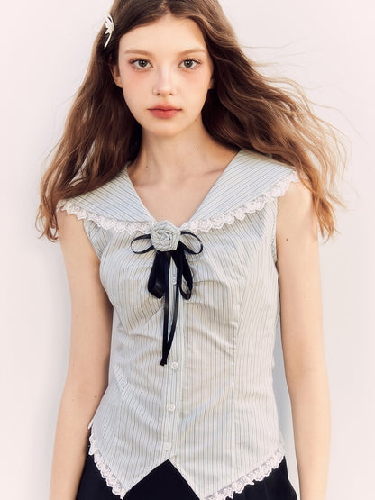 Sailor-Collar Lace Sleeveless Stripe Blouse&amp;Pants