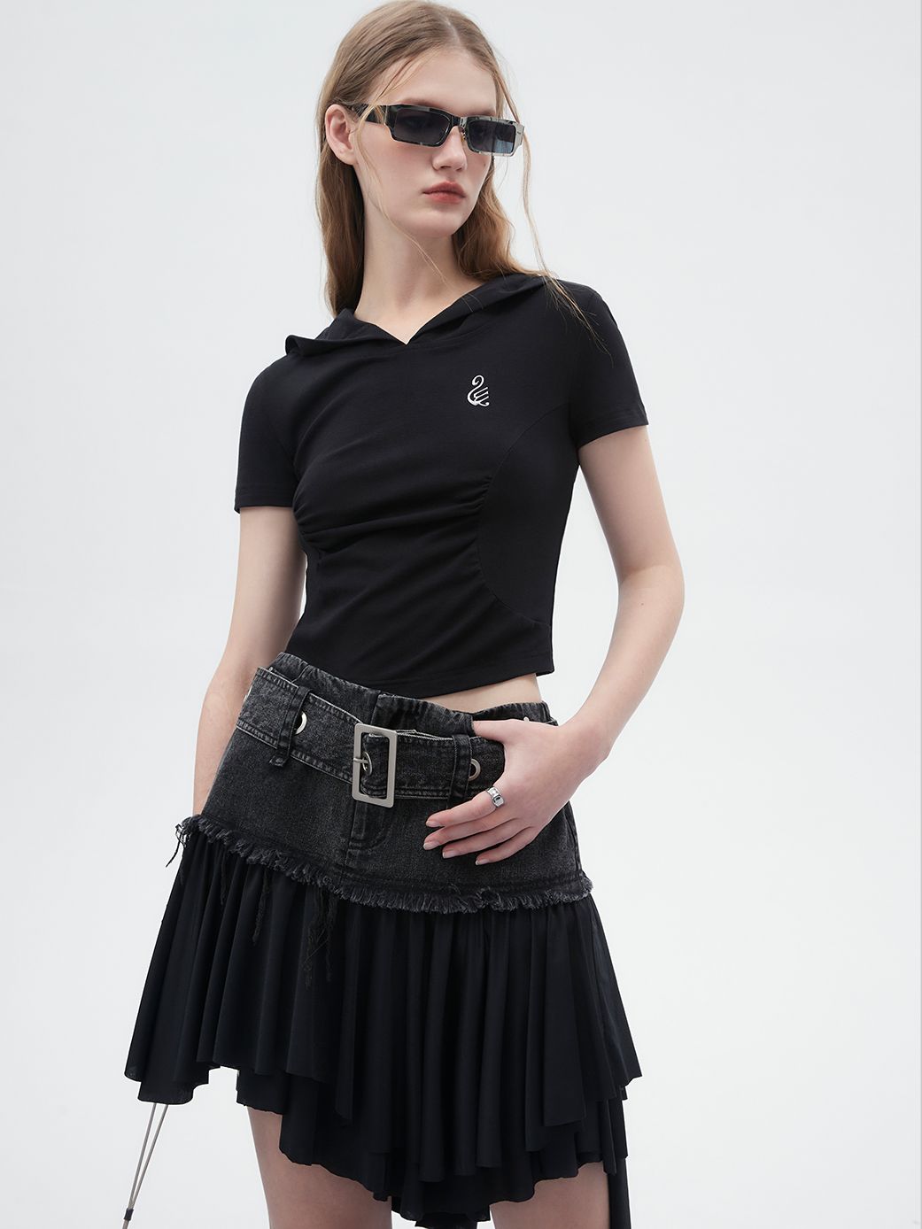 Denim Mix PLEATS BELT ASYMMETRY SKIRT