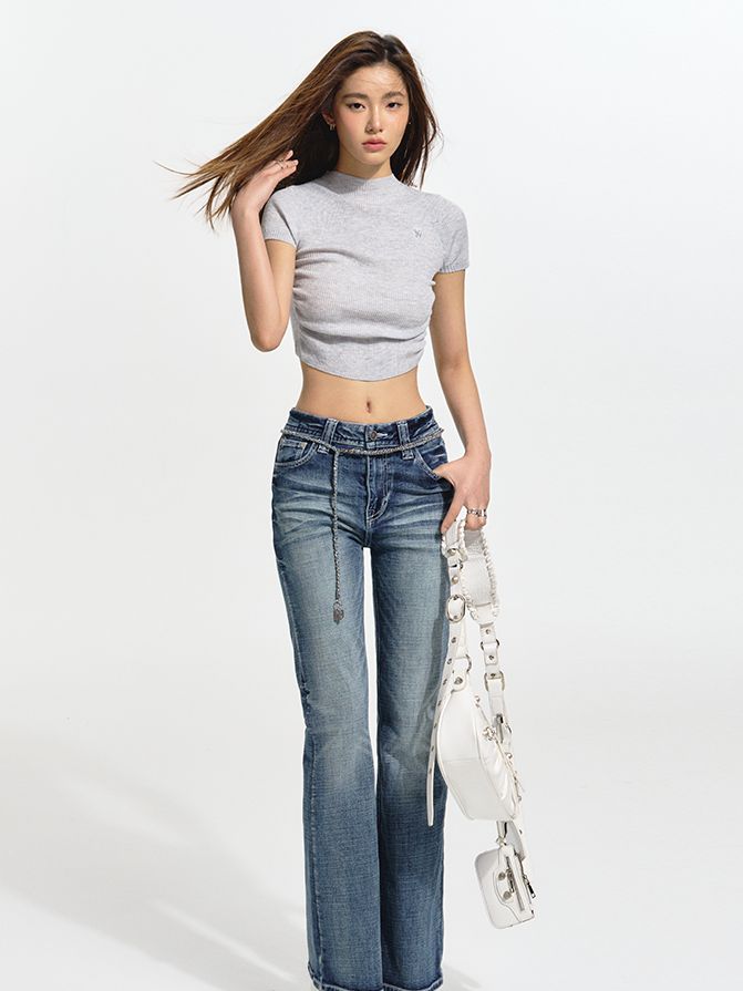 Verblasste Denim gerade Casual Hosen