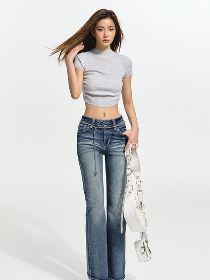 FADED DENIM STRAIGHT CASUAL PANTS