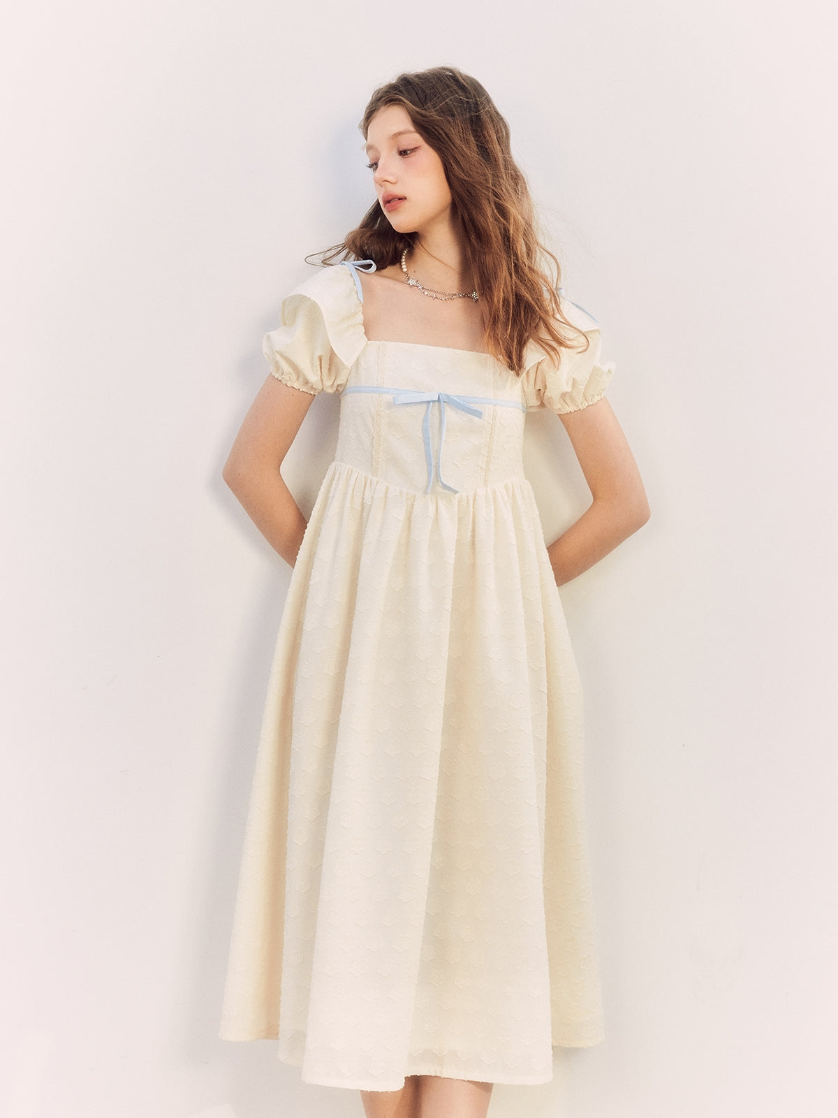 Princess Puff-Sleeve Long Flower Ribbon One-Piece