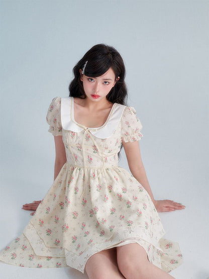 Flower Puff-Sleeve asymemtry Retro One-Piece